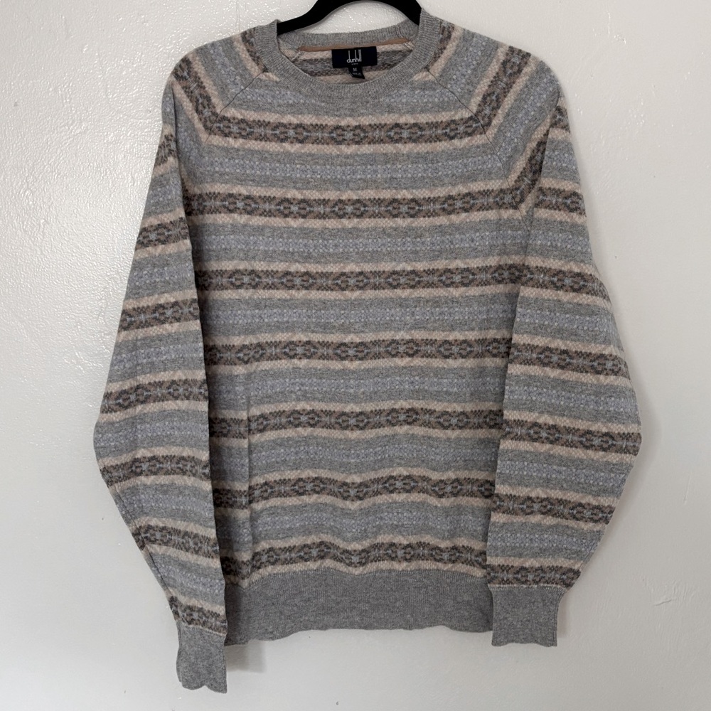 Dunhill Cashmere Blend Sweater in a Light Blue and Tan Stripe Pattern